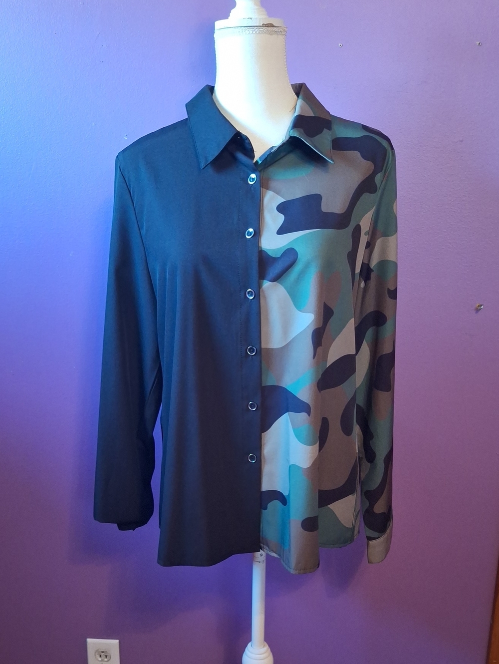 Women's Half Solid Half Camo Button-Up Shirt - Green/Black